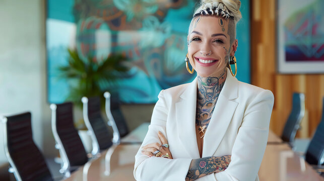 Heavily tattooed smiling business woman in a blazer