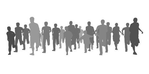 Silhouette of running people isolated on white background. Men, women and children running. Front view. Vector illustration.