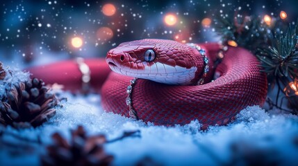 Fototapeta premium A red snake coils on a snowy ground with pine cones and branches, festive holiday lights, and a winter scene. Nature and winter holiday concept.