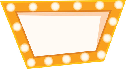 Bright yellow trapezoid sign with light bulbs surrounding it is glowing and ready for your message