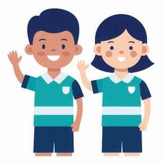 Fototapeta premium Two children are standing next to each other, one of them is waving
