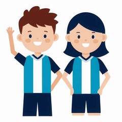 Fototapeta premium A boy and girl are standing next to each other, both smiling and waving