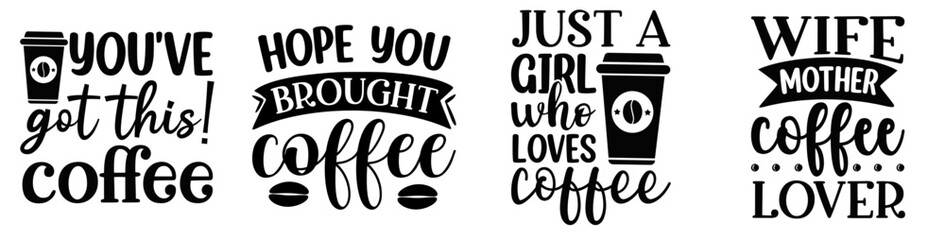 Decorative Coffee Lover Quotes, Typographic Emblems Collection Vector Illustration for Printing Press, Poster, Book Cover