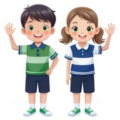 Two children are standing next to each other and waving
