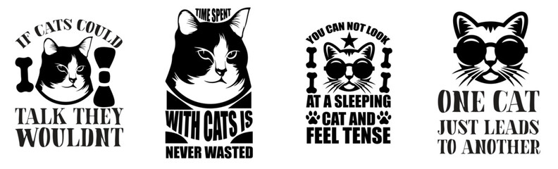 Colourful Cat Quotes, Phrases Set Vector Illustration for T-Shirt Design, Postcard, Flyer