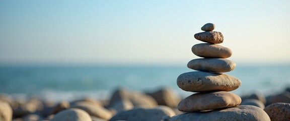 Balanced Stone Stack Symbolizing Serenity and Mindfulness Against Calm Ocean Background with Copy Space