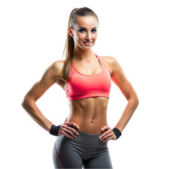 Fototapeta premium Sport young woman with perfect body showing biceps, fitness girl studio shot