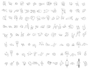 Set with people outlines in different positions from black lines isolated on white background. Men, women and children walking, running, standing, sitting. Top view. Vector illustration.