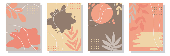 Collection of autumn flyers with foliage and spots. Vertical templates for creating, postcards, brochures, leaflets, invitations, advertisements or sales. Set of 4 contemporary designs, vector graphic