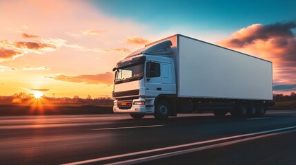 An illustration of a white truck parked, a clear sunset sky, and a concept of cargo transport.