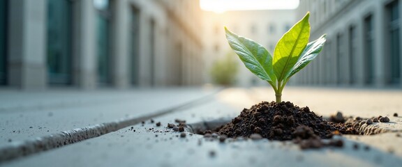 Young Plant Growing Hopefully Symbolizing Mental Health Recovery Against Urban Background