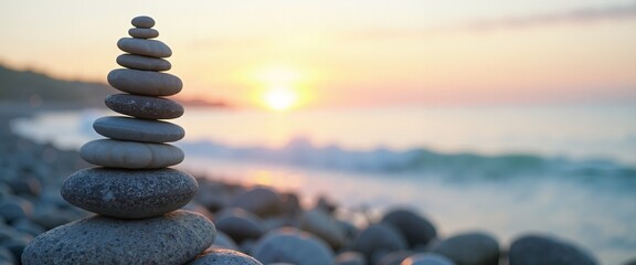 Obraz premium Balanced Stone Cairn with Serene Sunset Symbolizing Mental Health Awareness Against Beach Background with Copy Space