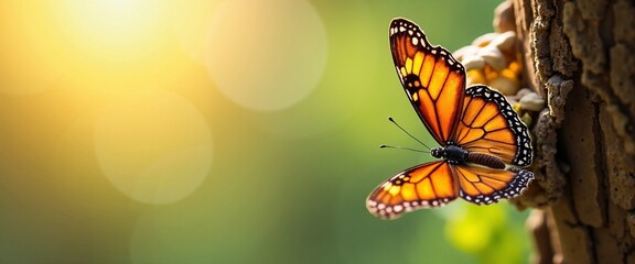 Obraz premium Vibrant Monarch Butterfly Serenely Resting on Tree Bark Against Blurred Nature Background with Copy Space