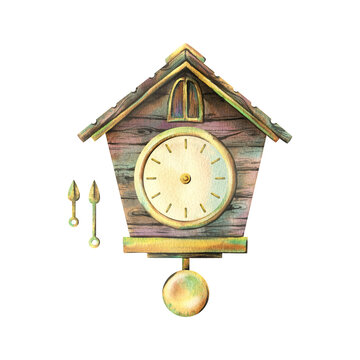 recommend clip art: Wall clock with cuckoo, dial and hands, pendulum, wooden, antique, brown with gold details. Watercolor illustration hand-drawn. Set of elements isolated from the background