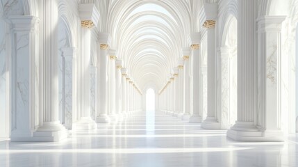 The interior is a luxurious white marble with ornate columns and arches, sunlit, bearing the concept of wealth and grand architecture.