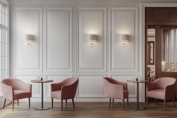 Fototapeta premium Hardwood floor, modern chairs, and dining tables in a stylish cafe