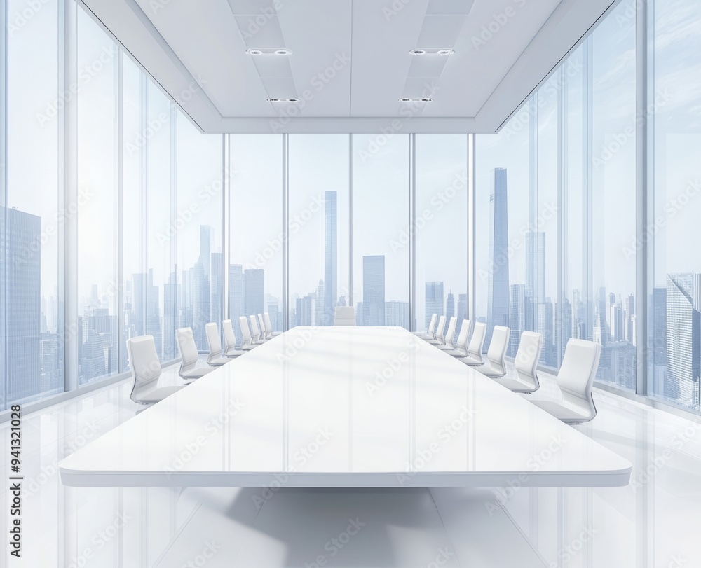 Wall mural A modern office interior with a conference room, large table, chairs, and panoramic windows overlooking the cityscape. A light and spacious setting.