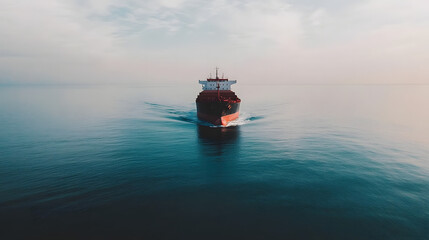 Obraz premium Serene Open Water Cargo Ship Navigation, Symbolizing Endless Global Trade Flow with a Clear Horizon.