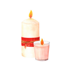 Wax or paraffin white candle with red bow. Watercolor illustration for festive occasion or spa theme. Hand drawn clipart for postcard, printing , candlemakers.