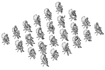 Set with outlines of people sitting in chairs in different positions from black lines isolated on white background. Men, women and children sitting in chairs. Isometric view. Vector illustration. 3D