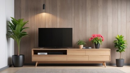Modern living room interior with flat-screen TV, wooden cabinet, and potted plants