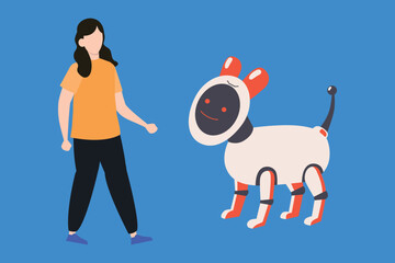 A girl plays with a robotic dog.