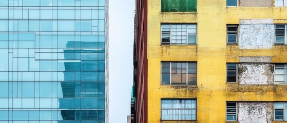 Fototapeta premium Two worlds within one city a sleek, modern office building next to a crumbling tenement, showing the sharp division between rich and poor