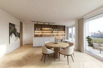Interior of a wooden home kitchen with a table, a cabinet, and a window