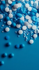 A collection of blue and white pills scattered on a blue surface.