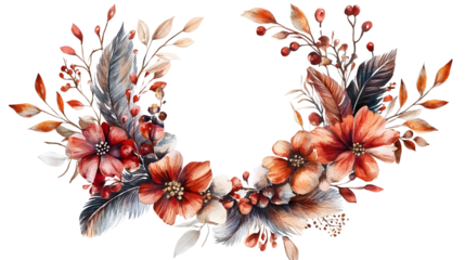 A delicate watercolor floral wreath with autumn-inspired colors, featuring soft petals, berries, and feathers, perfect for seasonal decor or invitations.