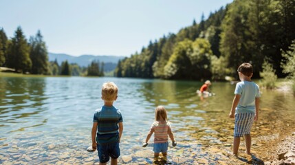Fototapeta premium Children Playing by the Lake on a Sunny Day