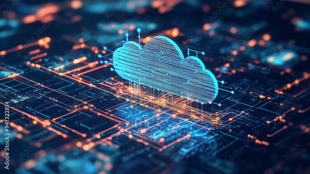 Poster digital cloud over a circuit board, symbolizing cloud computing and data storage.