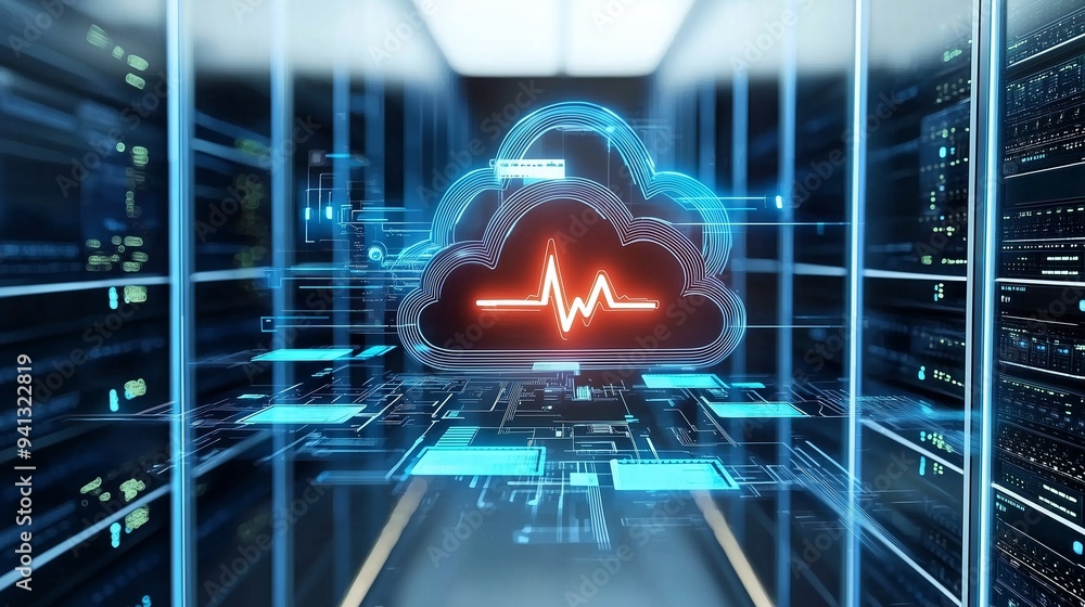 Poster cloud with heartbeat symbol in a server room, representing healthcare cloud computing.