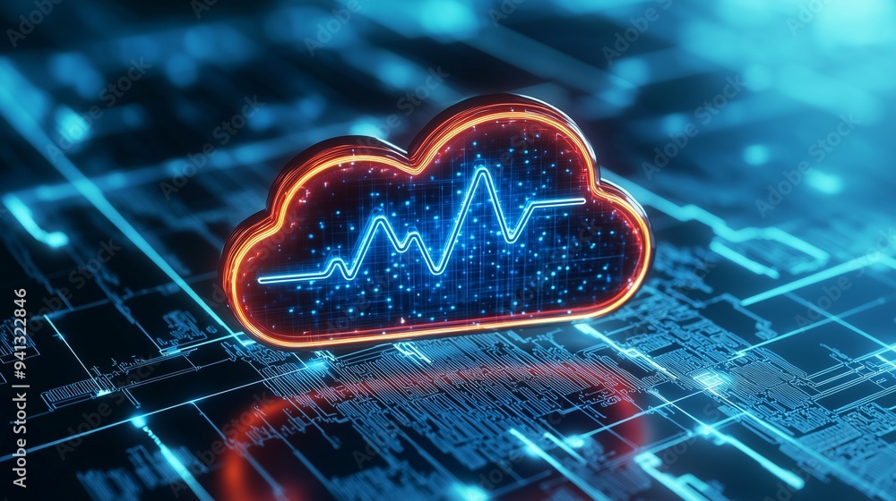 Poster a digital cloud with a heartbeat line symbolizes secure cloud storage for patient data in healthcare