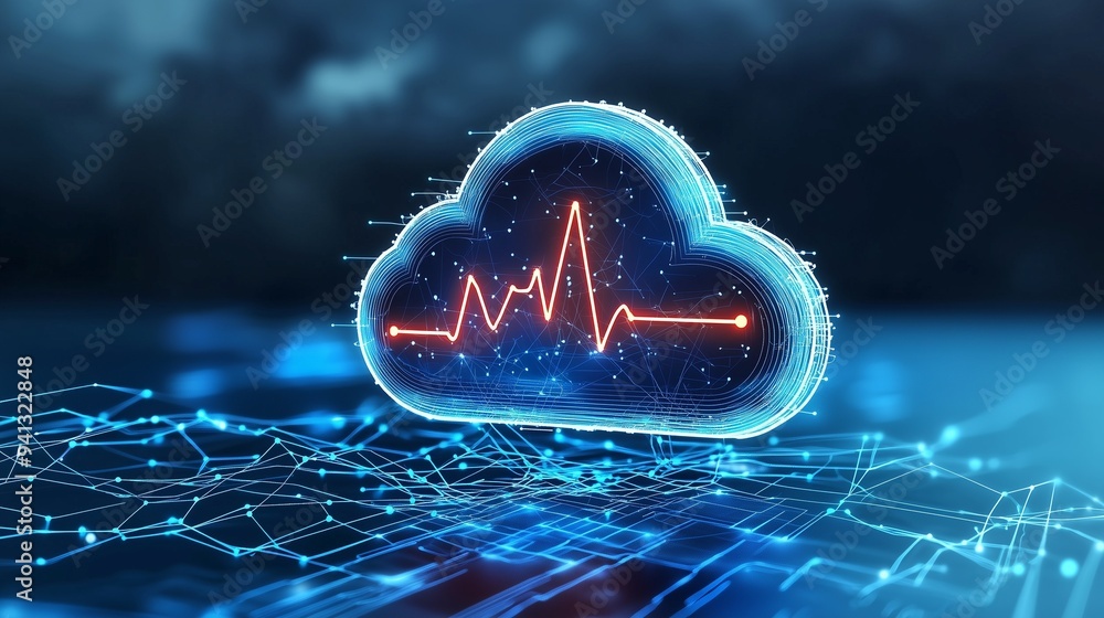 Poster cloud-based ehr systems symbolized by a digital cloud with a heartbeat graph, representing secure, a