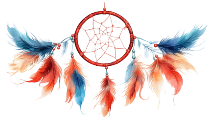 A colorful dreamcatcher with vibrant feathers hanging from a woven web, symbolizing protection and tradition, perfect for adding a touch of bohemian decor to any space.