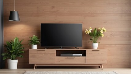 Modern Living Room with TV, Plants, and Wooden Wall