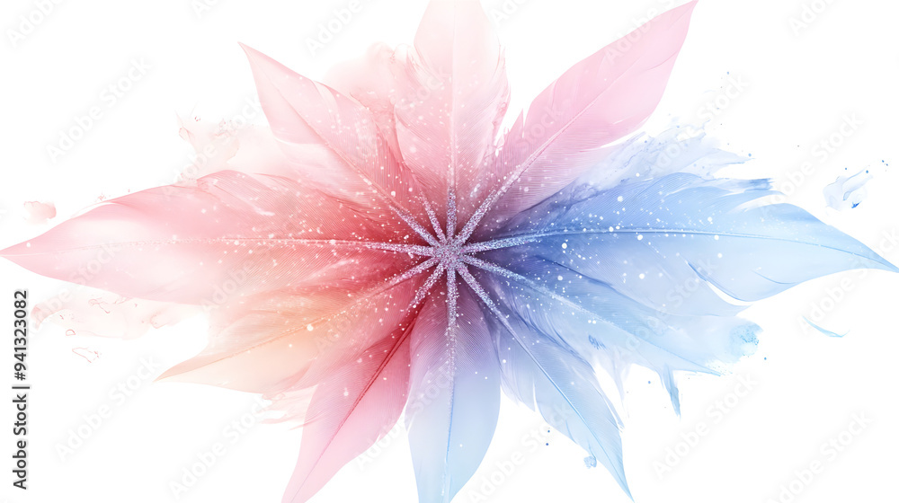 Wall mural a vibrant feather starburst design in pastel hues, featuring a central glittering star, ideal for fe