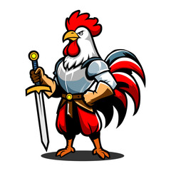 a cartoon drawing of a rooster with a sword and shield.