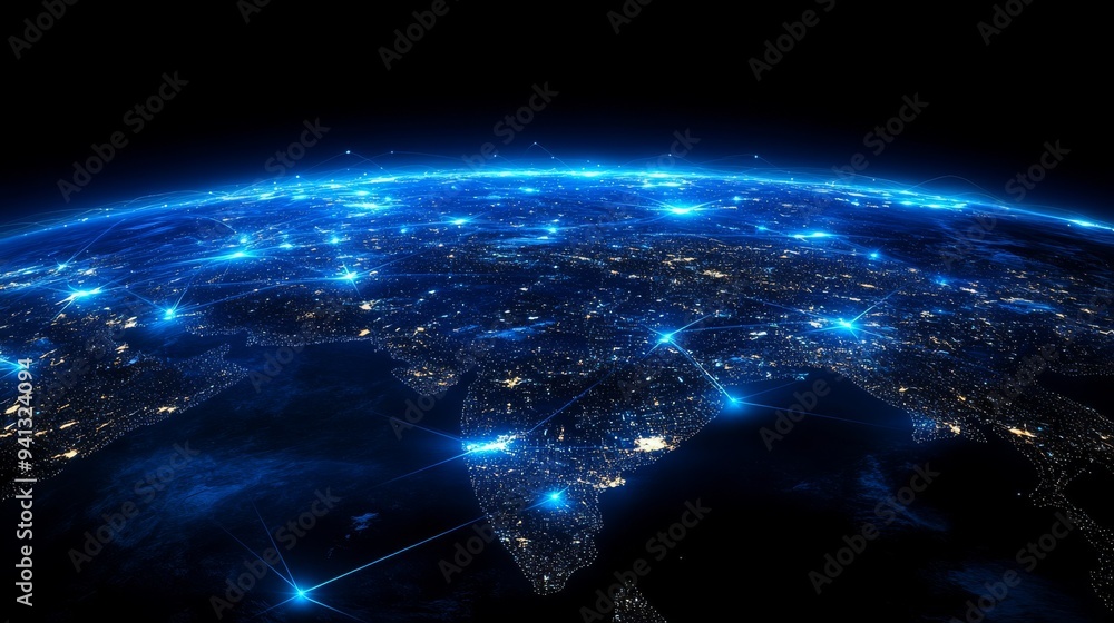 Poster global internet concept of interconnected network lines and illuminated continents on dark backgroun