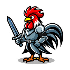 a cartoon image of a rooster with a sword and shield.