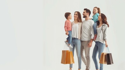 A happy family enjoys shopping together, smiling and carrying bags of purchases. Parents and kids united in joyful togetherness during this fun outing, bonding and creating lasting memories
