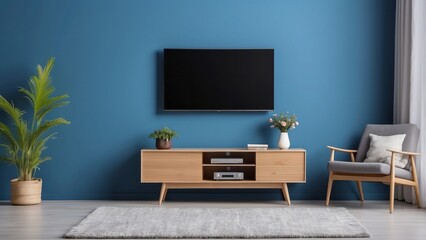 Modern living room interior with a TV, furniture, and decor