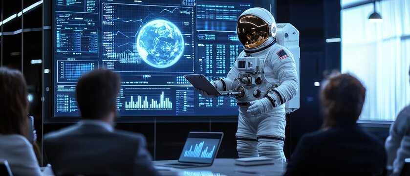 Leading the Way, Astronaut Presenting Investment Opportunities in Modern Business Meeting Room