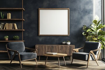 A mock-up of a grey living room interior with armchairs and a bookshelf