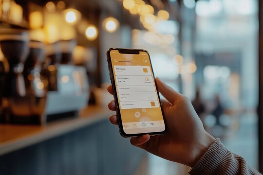 Digital Wallet App on Smartphone in Coffee Shop, Integration of Loyalty Rewards in Everyday Life