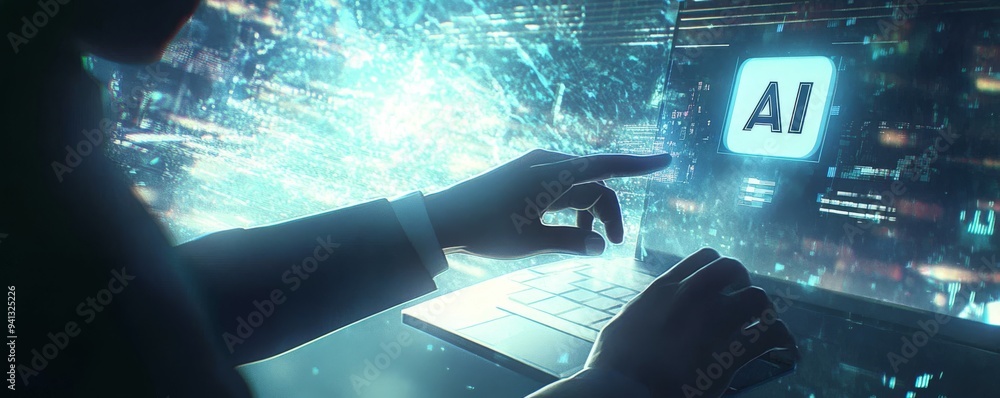Poster a man's hands type on a laptop with ai-themed hologram graphics on a city background while interacti