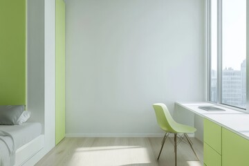 Bedroom interior with a window, a work zone and a sleeping zone. Mockup wall.