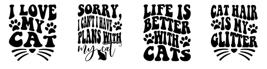 Cute Cat Calligraphic Lettering, Quotes Set Vector Illustration for Greeting Card, Bookmark, T-Shirt Design