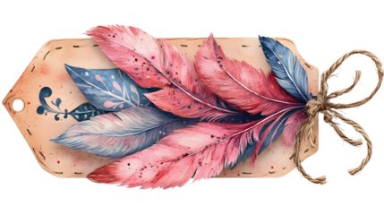 A beautifully crafted gift tag adorned with colorful, watercolor feathers and rustic twine, perfect for adding a bohemian and artistic touch to presents or decor.